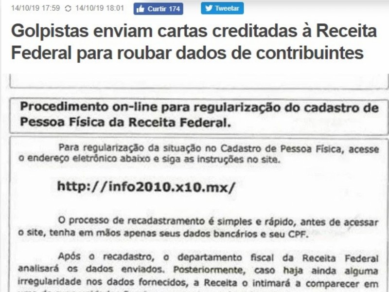 Golpistas enviam cartas creditadas à Receita Federal para roubar dados de contribuintes